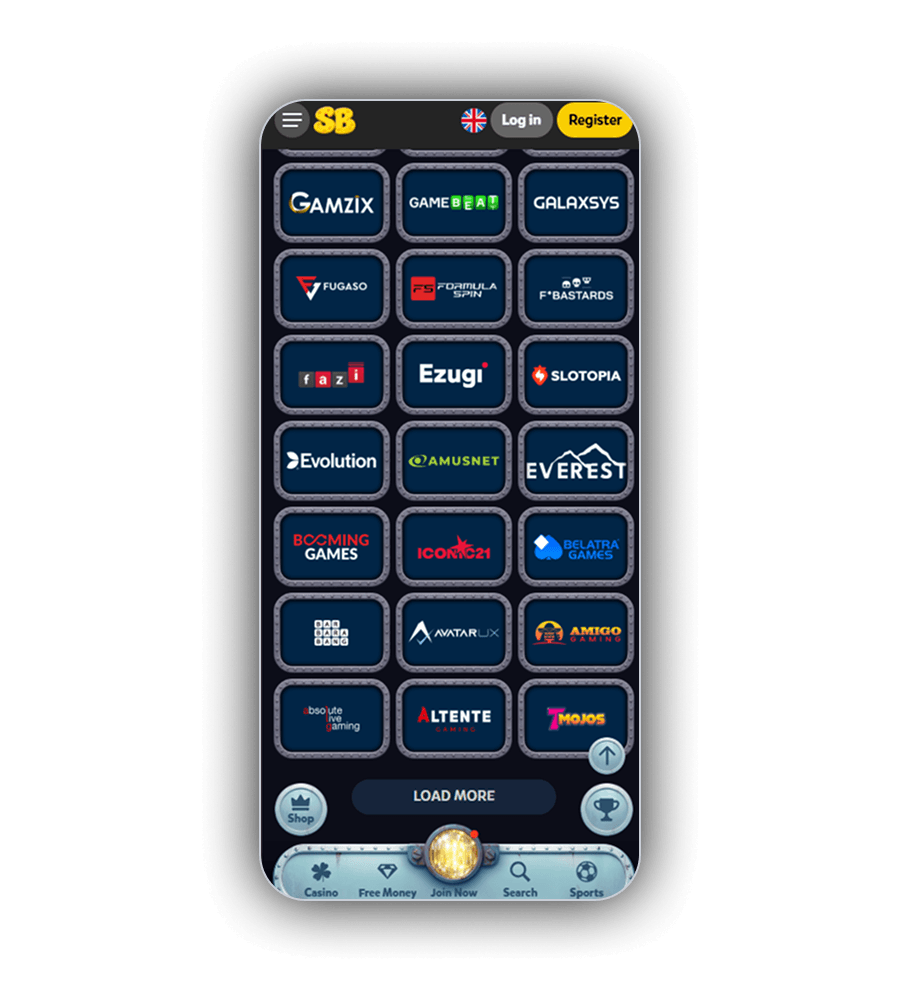 SpinBob providers page with 21 studio logos in a steel grid