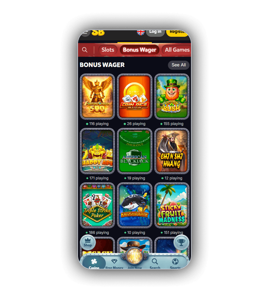 SpinBob games screen with the red filter strip and the Bonus Wager row