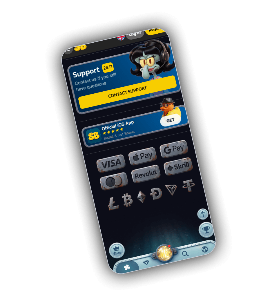 SpinBob payment screen with Support 24/7 card, iOS app card and payment logos