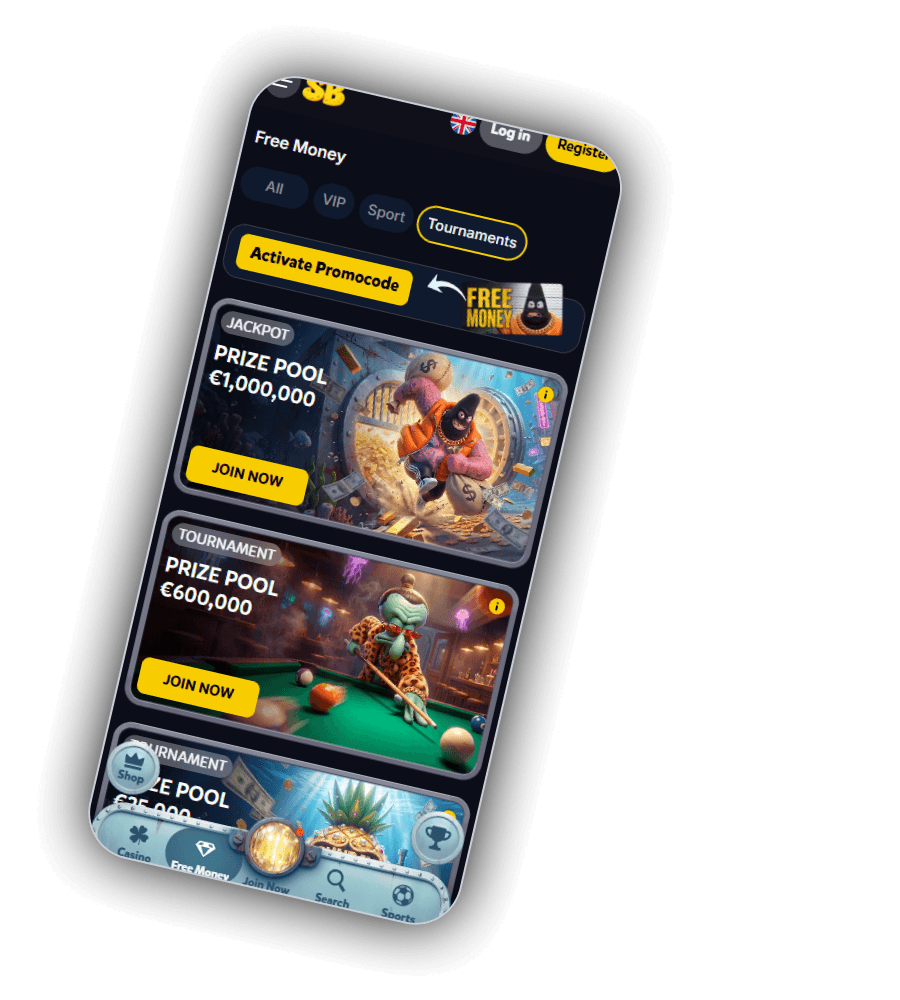 SpinBob Free Money screen with jackpot and tournament prize pool cards