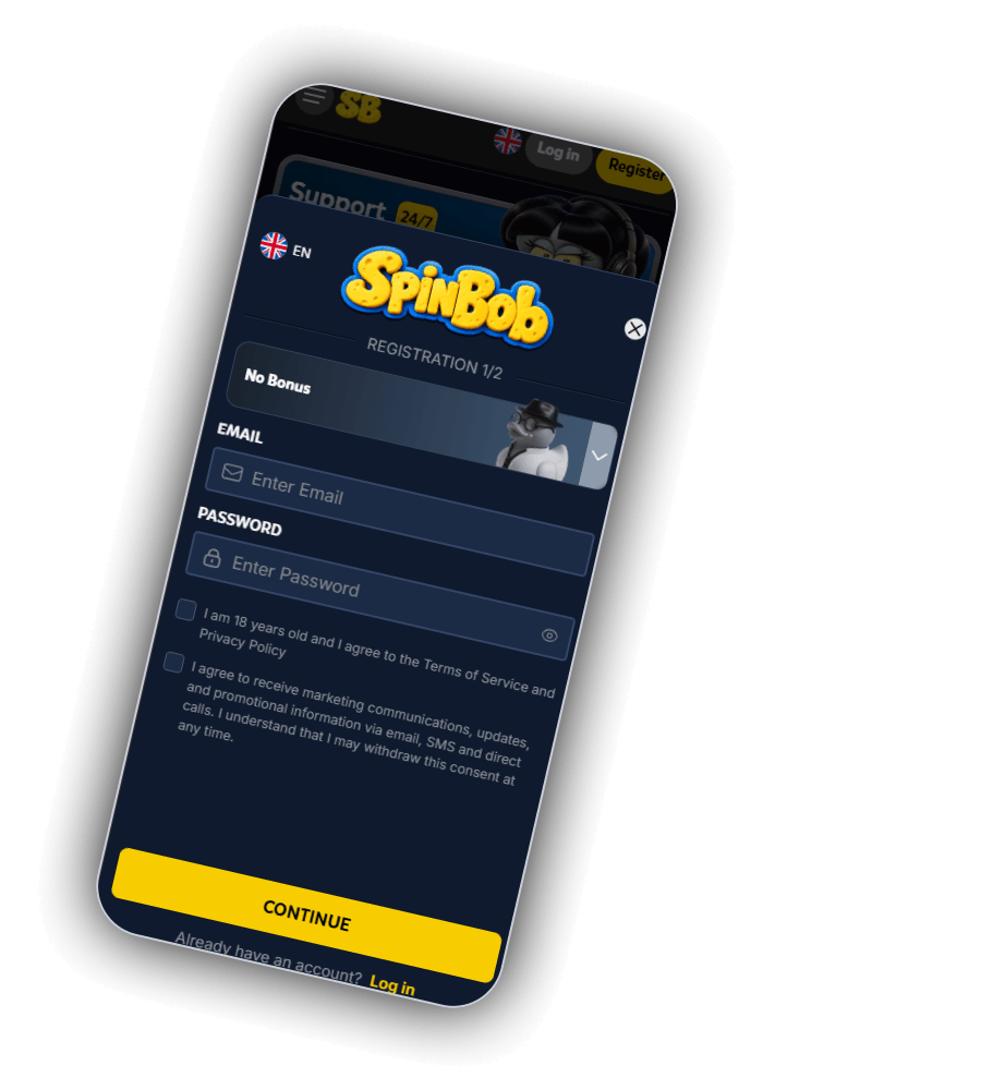 SpinBob registration form step 1 of 2 with email, password and consent boxes