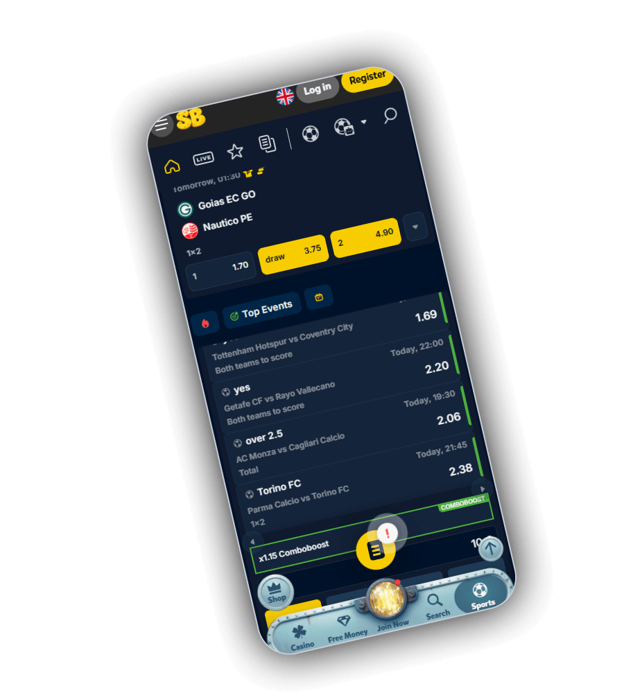 SpinBob sportsbook with featured match, Top Events list and Comboboost banner