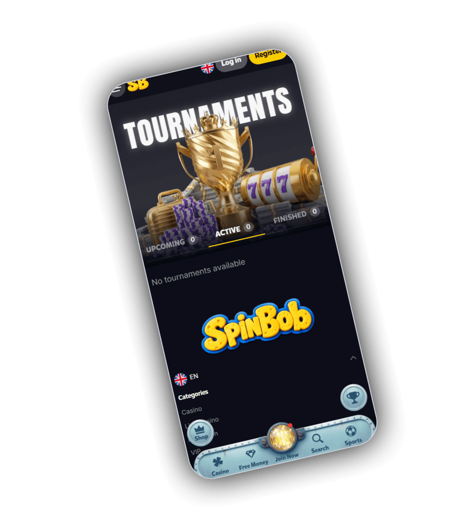 SpinBob tournament board with trophy header and status tabs