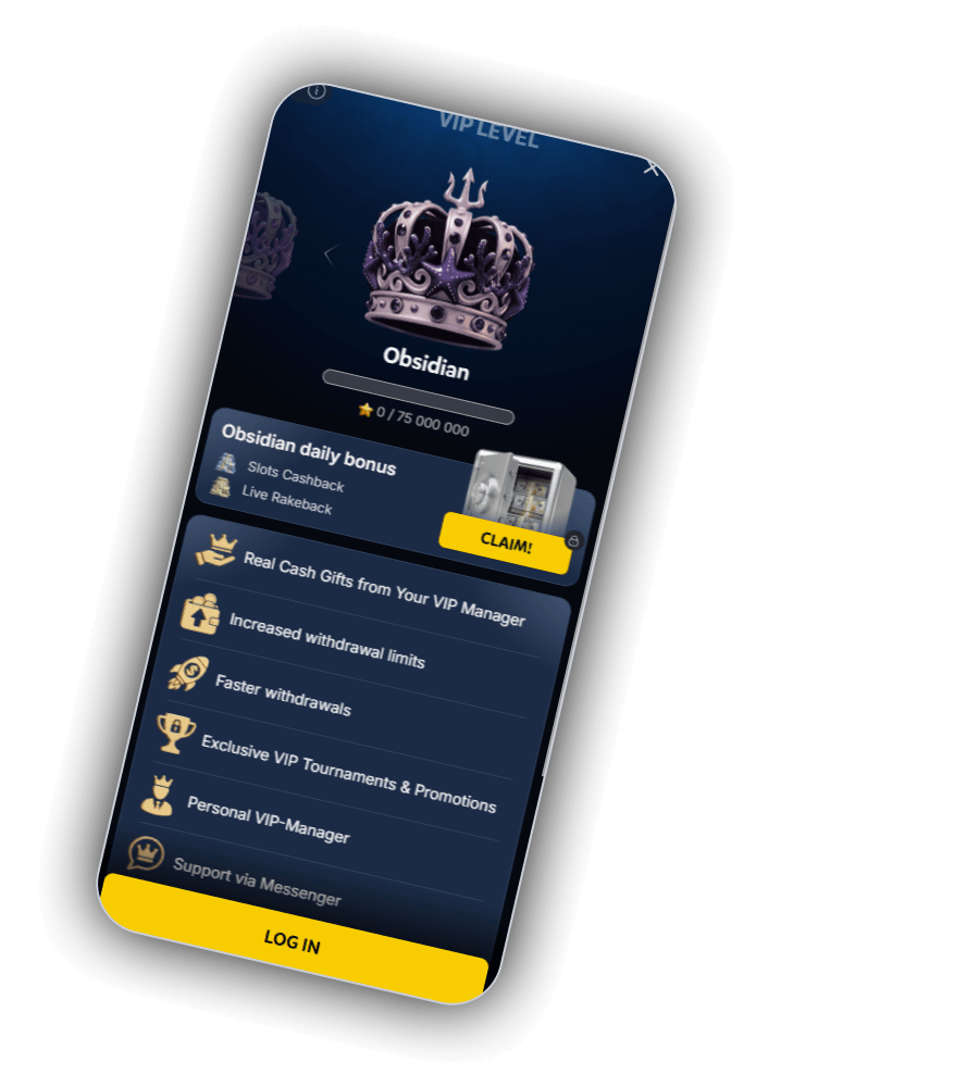 SpinBob VIP Club page at the Obsidian level with daily bonus and benefits list